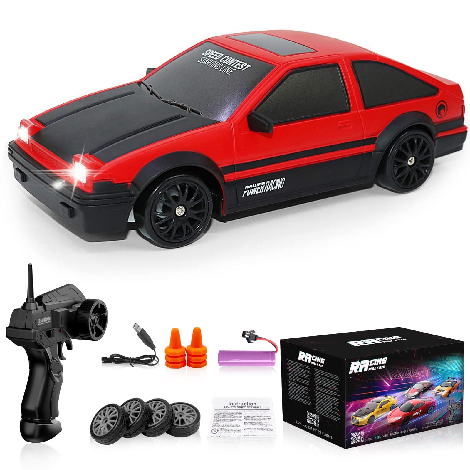 Remote Control Car RC Drift Car 2.4GHz 1:24 Scale 4WD High Speed RC Cars Vehicle with LED Lights Batteries and Drifting Tires Racing Sport Toy Cars for Adults Boys Girls Kids Gift