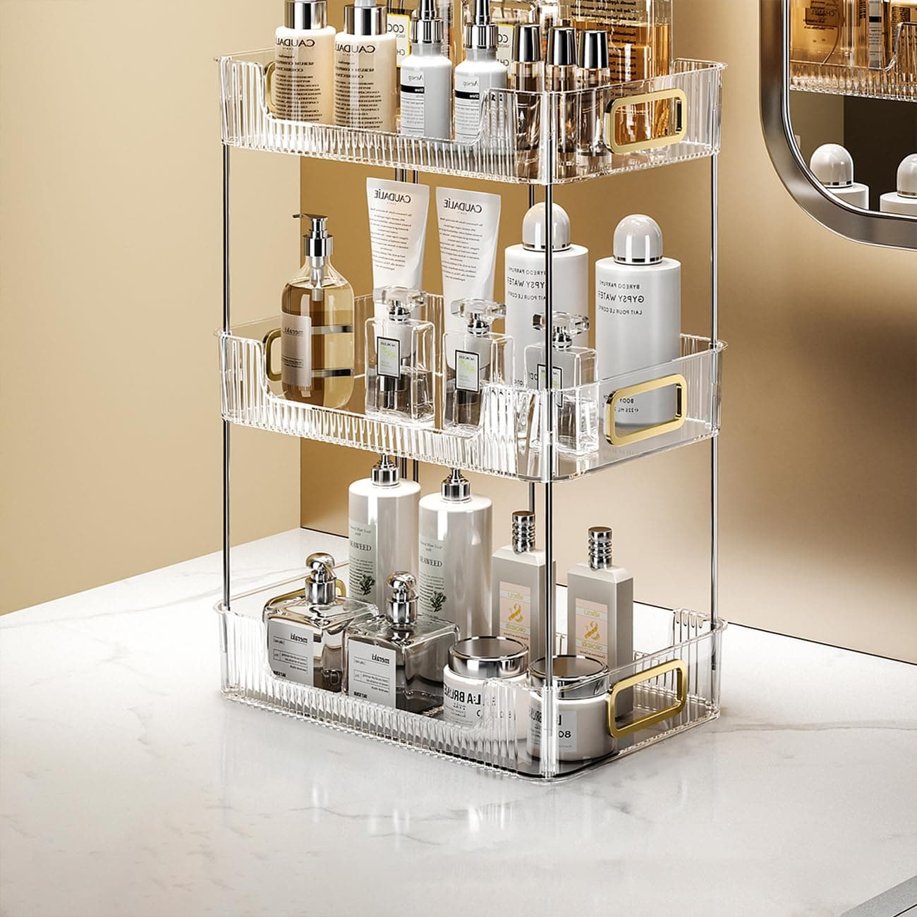 KLONOX 2 Pack Clear Makeup Organizer and Storage For Vanity, Makeup Organizer with 3 Compartment for Skin Care,Brushes, Eyeshadow, Lotions, Lipstick, Nail Polish and Jewelry(style 1)