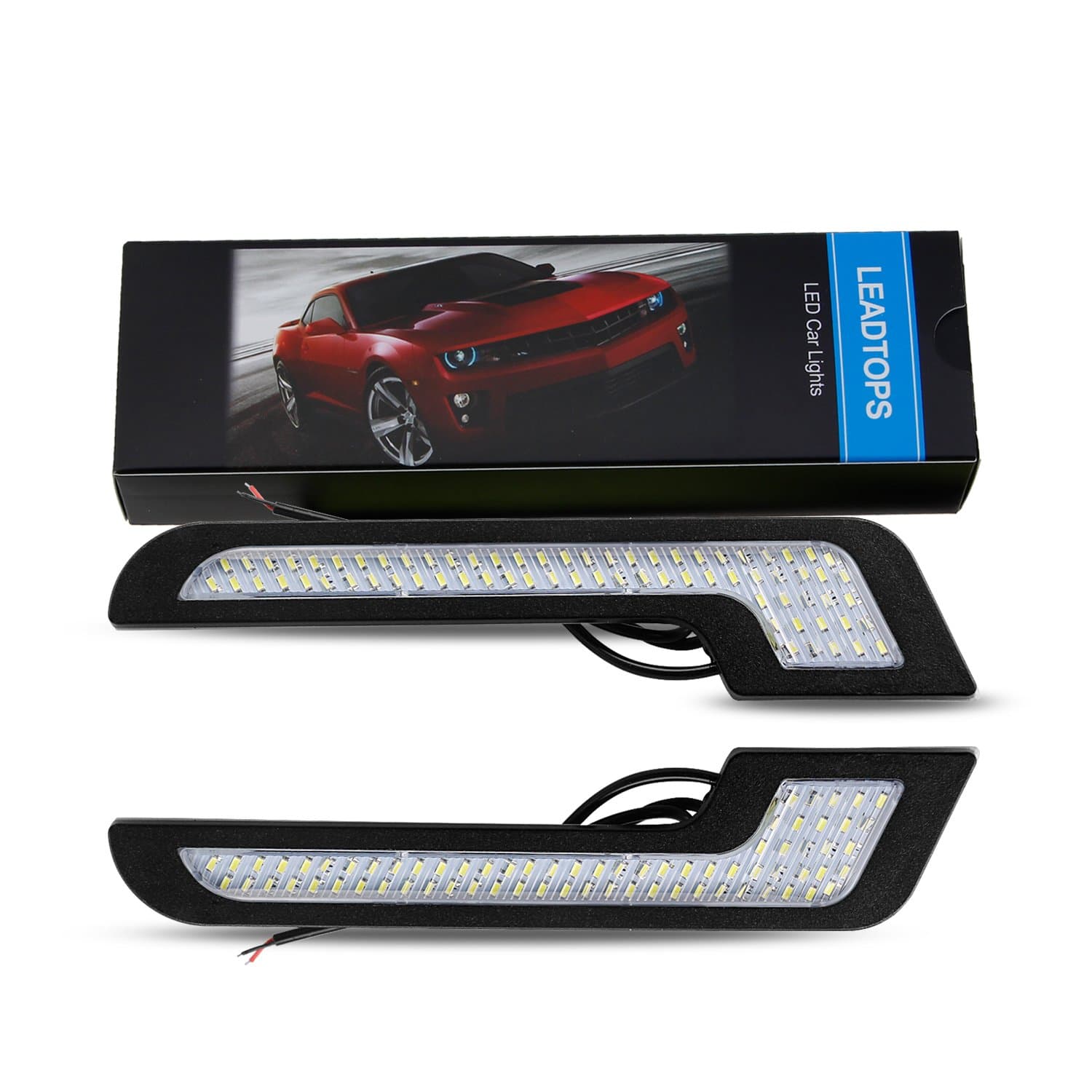 LEADTOPS Daytime Running Lights LED White Light L-Shape Strips 72 SMD Glass Lens with Back Sticker 12V DRL 6W DIY LED Lamp 100% Waterproof (2 Pack)
