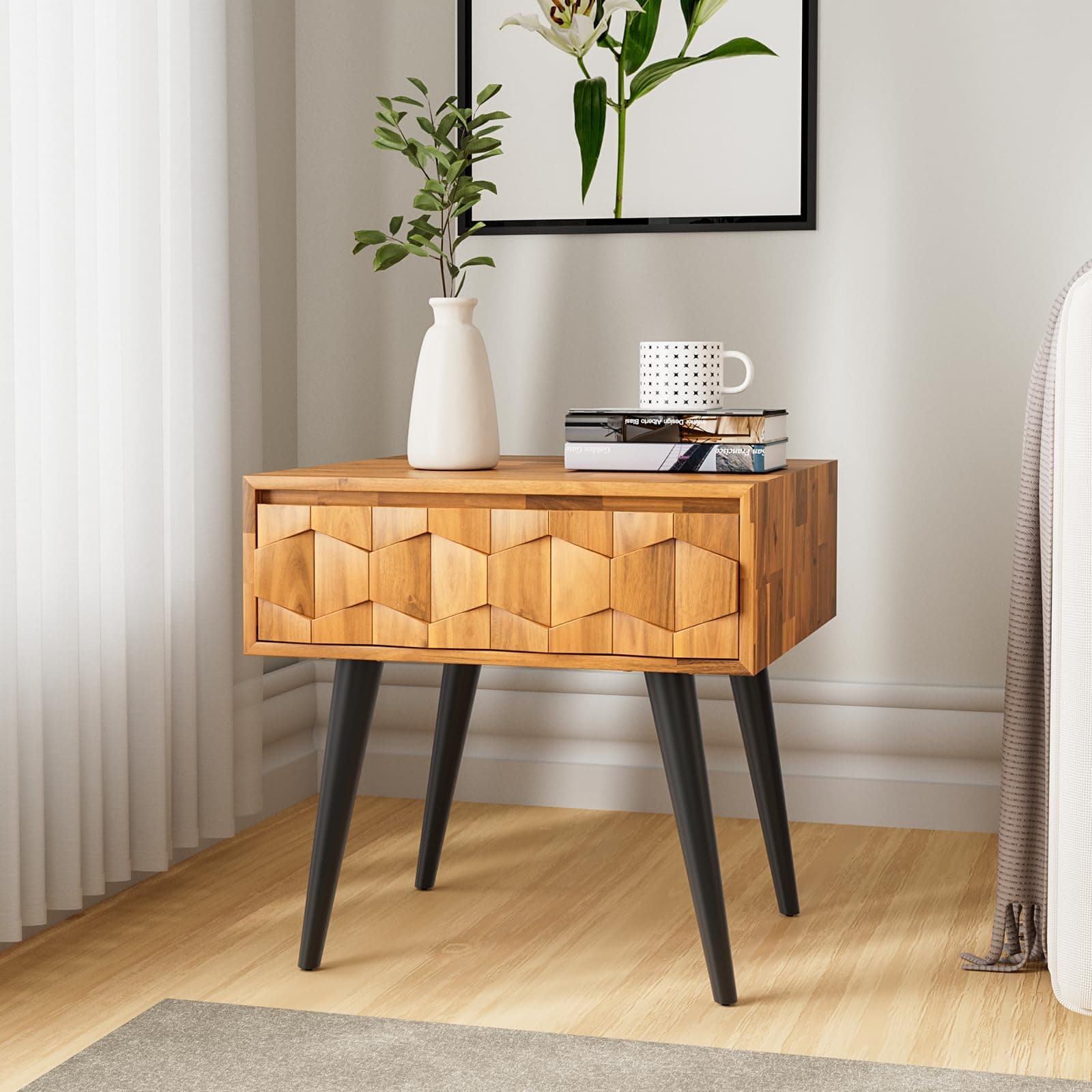 Bme Georgina Solid Wood Mid-Century Modern Side Table with Drawer – Fully Assembled Bedside Table with Rustic Geometric Pattern for Living Room or Bedroom