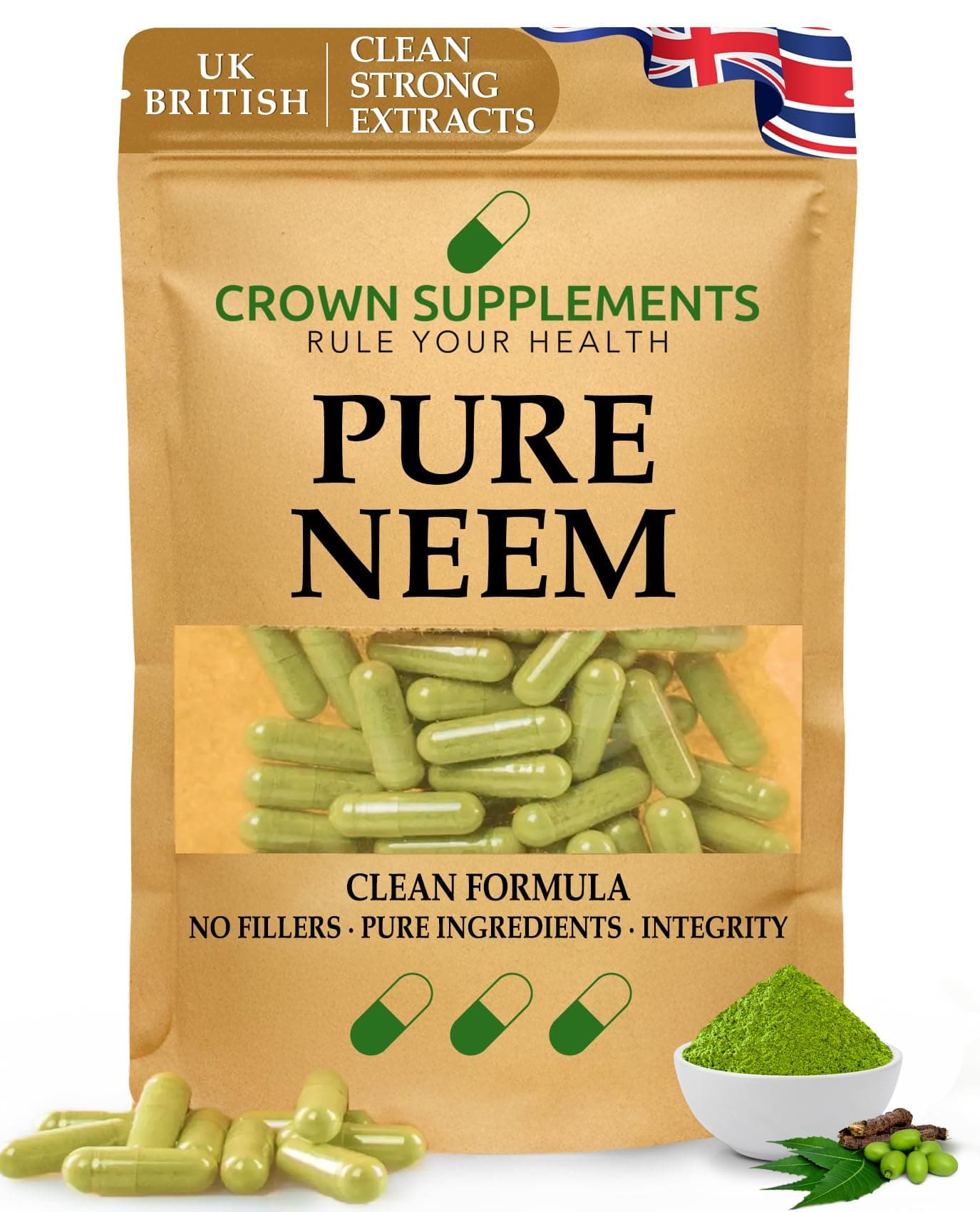 Pure Neem Leaf Capsules | Quality Clean Supplements | Crown Supplements UK (90 Capsules)