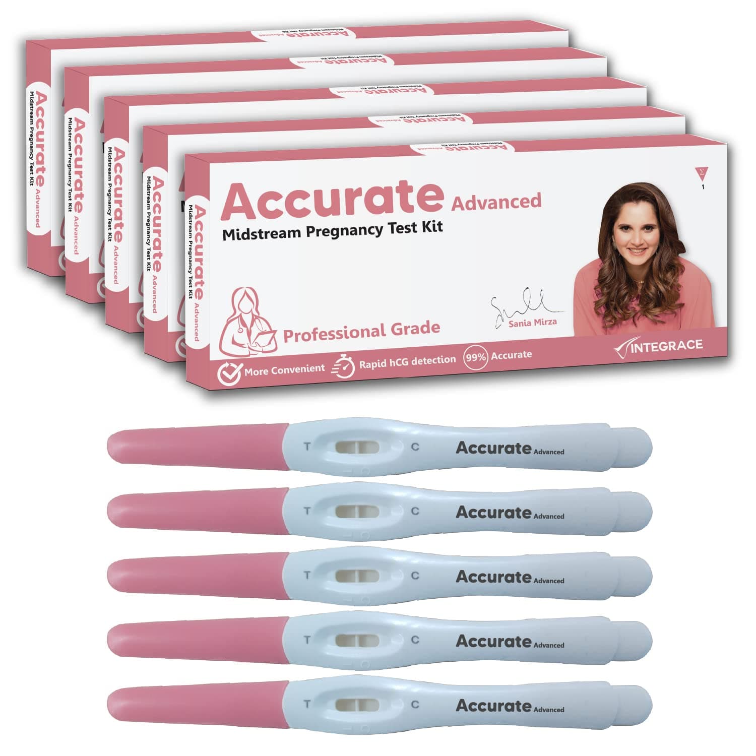 Accurate Advanced (Pack of 5) | One Step Midstream Urine HCG Pregnancy Test Kit Device