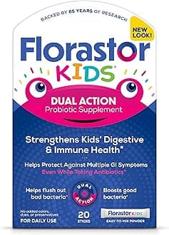 Florastor Kids Dual Action Probiotic Supplement, Strengthens Kids' Digestive & Immune Health, 20 Easy-to Mix Powder Sticks, Packaging May Vary