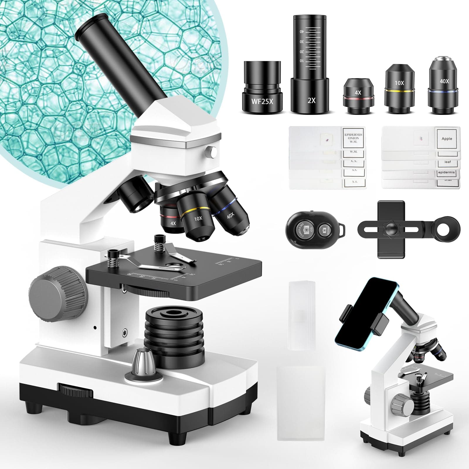 Professional Compound Microscopes for Adults, Kids 8-12 & Students | 2000X Magnification Lab & Home Microscope with Phone Adapter, Complete Slides Set (Gray White)