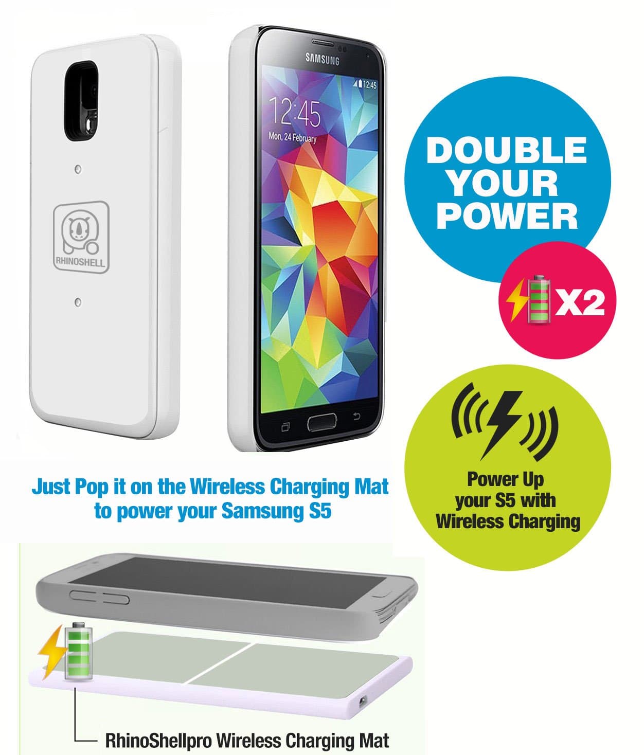 Samsung Galaxy S5 WIRELESS BATTERY CASE and Charging Mat. A Protective External Battery Case that will Double the Power time of your Samsung Galaxy S5. With a 2400 mAh high capacity charge (Black). Buy Now!! From RhinoShellpro