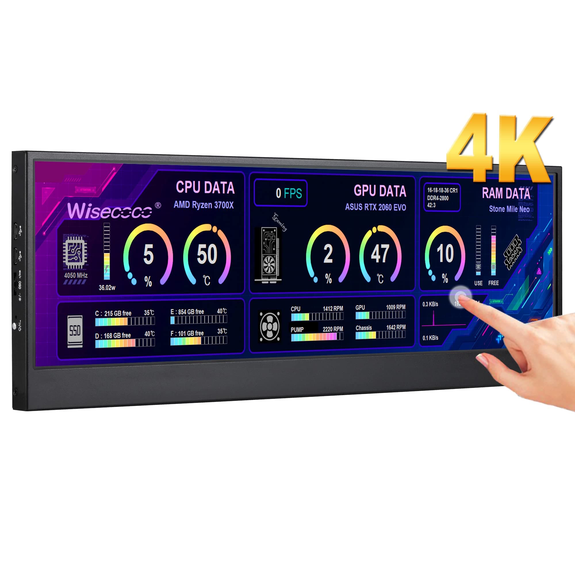 14'' 4K UHD IPS 3840x1100 Stretched Bar Touch Screen Display Monitor for Laptop Computer PC Speed Temperature Windows Aida64 CPU GPU HDMI Secondary Monitor for Music Media Timeline Editing