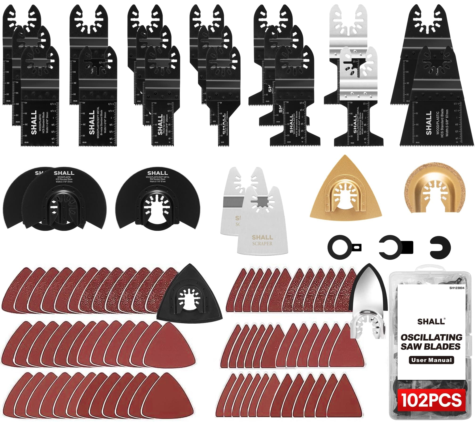 SHALL 102PCS Multitool Blades, Oscillating Multi Tool Accessories Kits, HCS & Bi-Metal Blades, Sanding Pad, Sandpaper, Scraper, Carbide Grit Rasp, Dremel/Bosch/C-Clip Adapter, Storage Case Included
