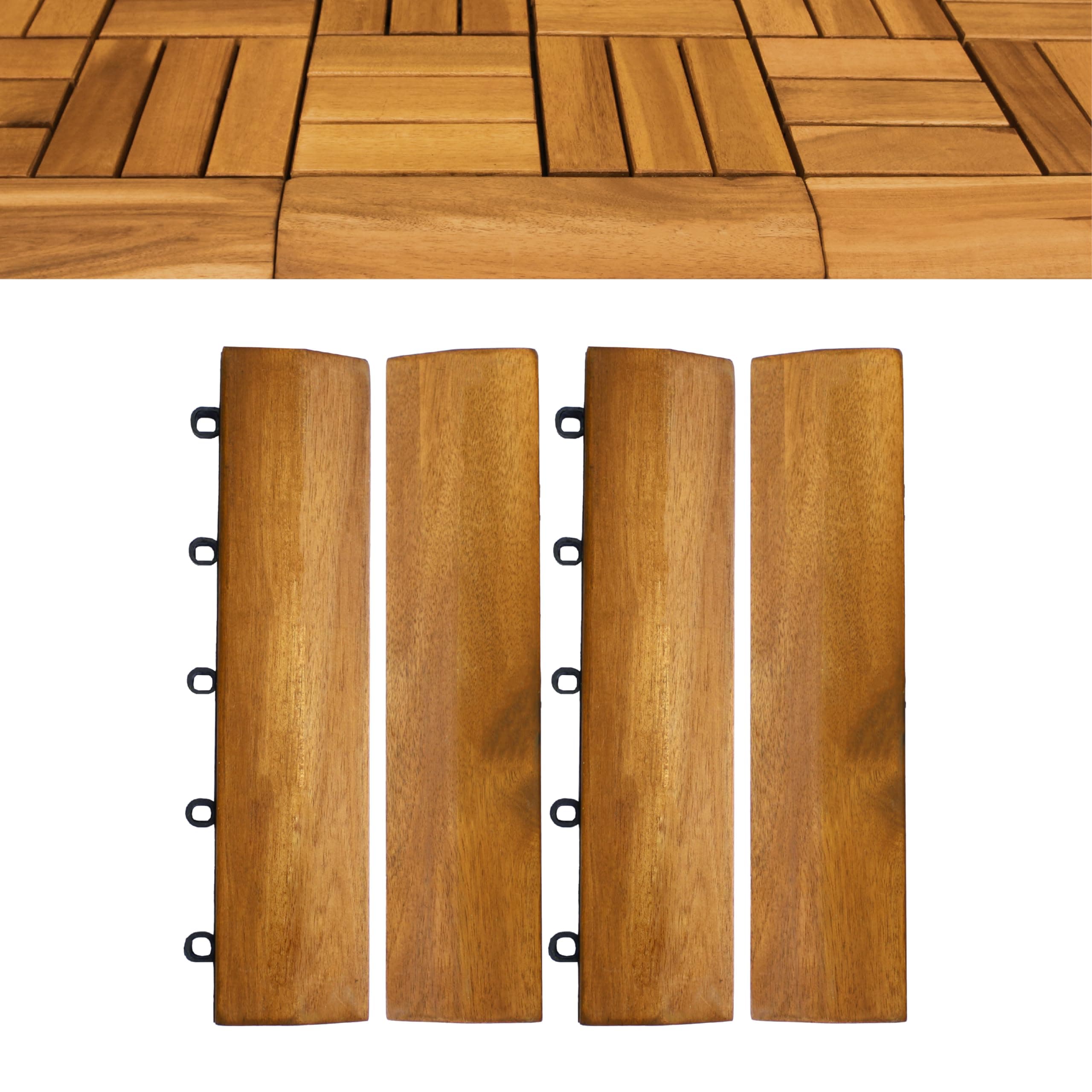 4Pcs Loop Ends Side Trim, 12 Inch Length Interlocking Deck Tile Edge Trim, Outdoor Patio Flooring, Wooden Balcony Floor, Sturdy and Enduring Acacia Wood, Natural