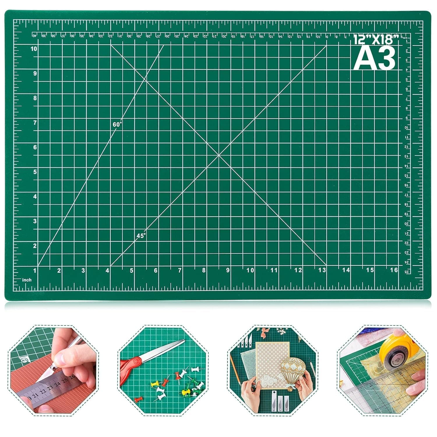 Rubber Professional Cutting Mat A3 Self-Healing 5 Layers Double Sided Durable Non-Slip Pvc 18" X 12" Inch (Green)