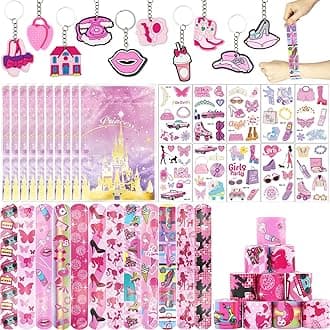 Beamely Party Bag Fillers for Kids Boys Girls, 42Pcs Assorted Toys Pinata Filler with Slap Bands Gift Bags Stickers Keychains Trick & Treat Goody Bag Fillers for Christmas Party