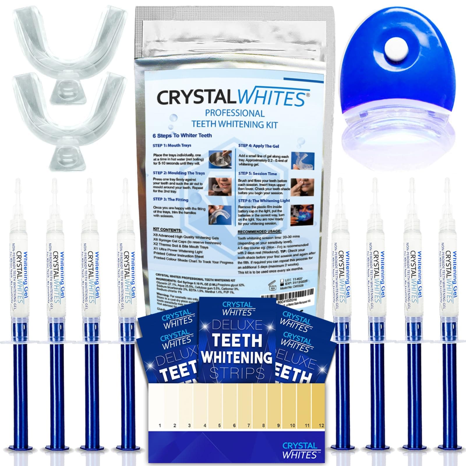 Teeth Whitening Kit & Strips + LED Light Activator | 50 Sessions | 8X3ml Gels | Crystal Strips | UK Approved Formula | Safe On Teeth & Gums | Home Stain Remover Dental Kit