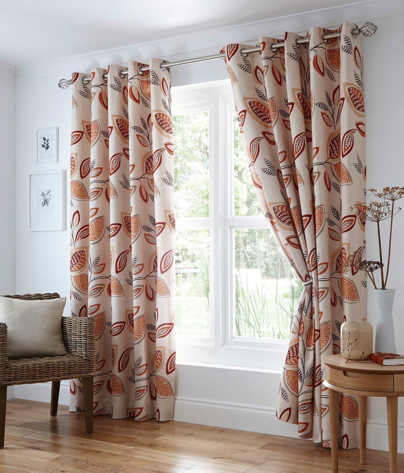 66" x 72" Leaf Trail Terracotta Curtains, Lined Eyelet / Ring Top, Leaves Vine, Beige Latte Orange Red
