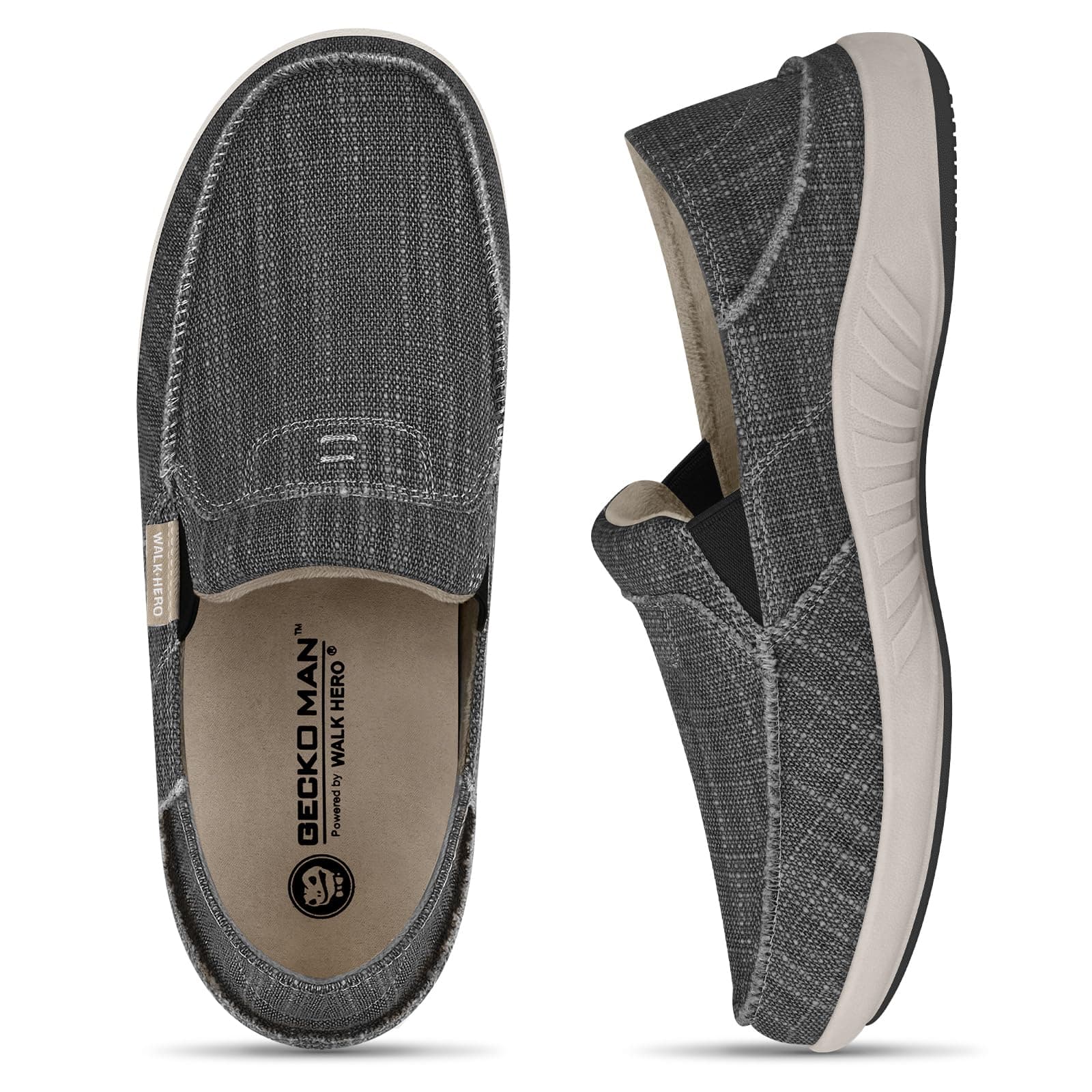 Mens Slip On Shoes, Canvas Mens Loafers with Arch Support, Orthopedic Mens Boat Shoes for Plantar Fasciitis, Indoor & Outdoor Walking Slippers Shoes for Pain Relief