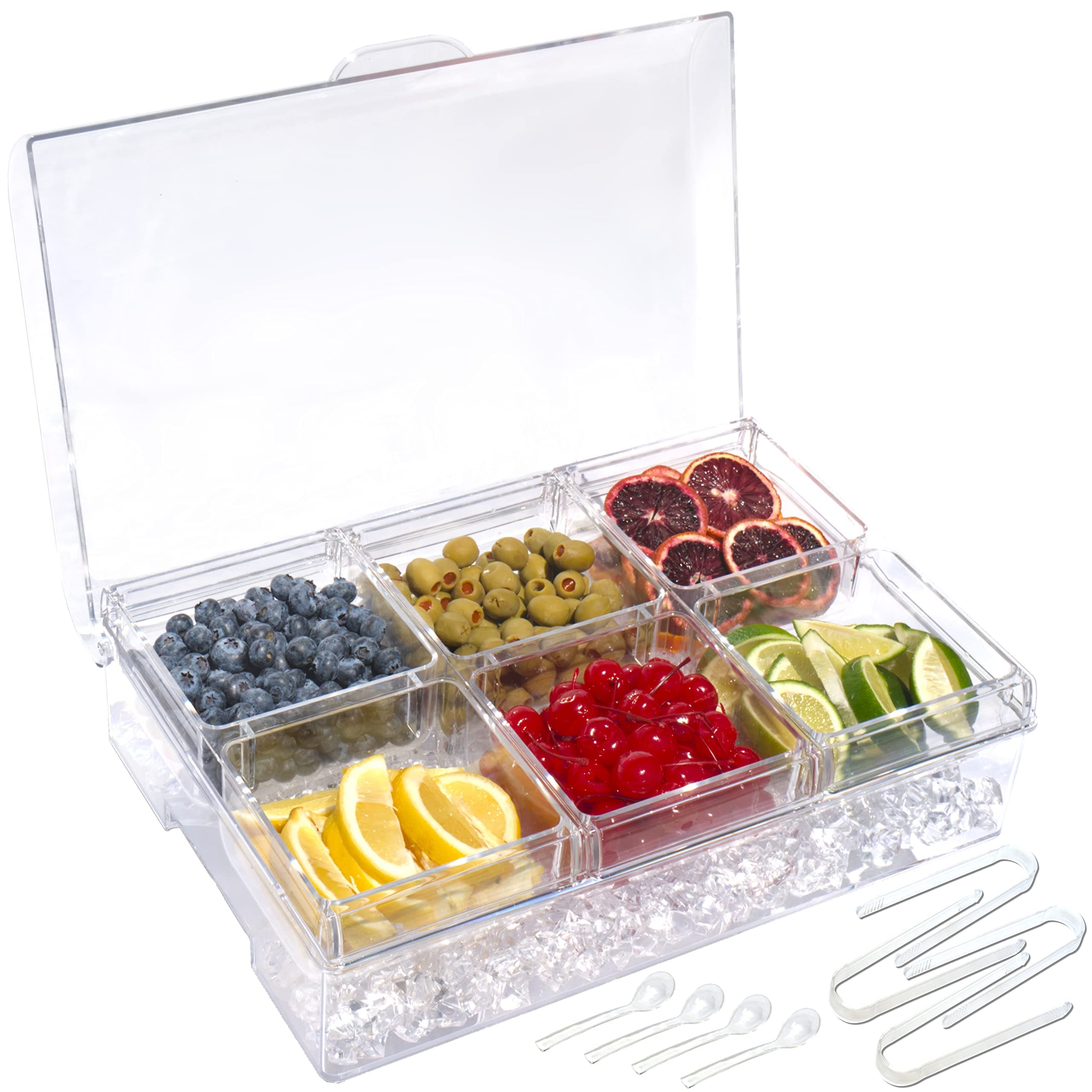 ImpiriLux 6 Compartment Ice Tilded Condiment Server Caddy - Serving Tray Container with 6 Removable Dishes with 3.5 Cups Per Capacity | Domed Hinged Lid | 4 Serving Spoons + 4 Tongs