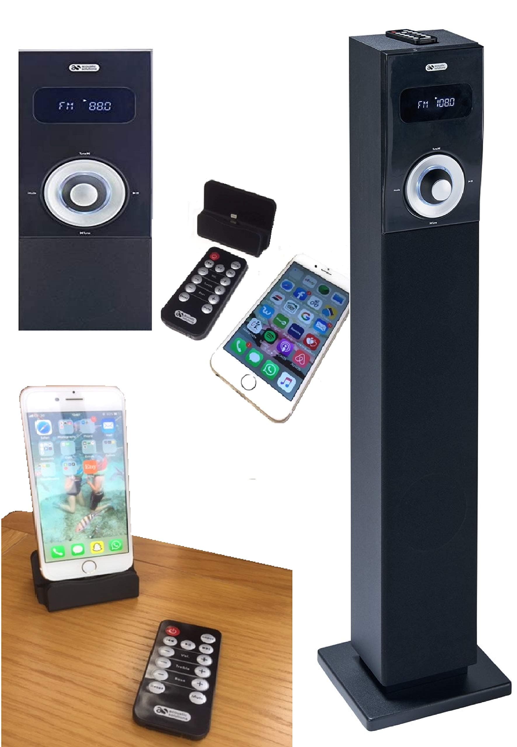 Acoustic Solution Bluetooth Speaker Station Tower with FM Radio, supplied with Docking Station for iPhone 5, 6, 7, 10 &11
