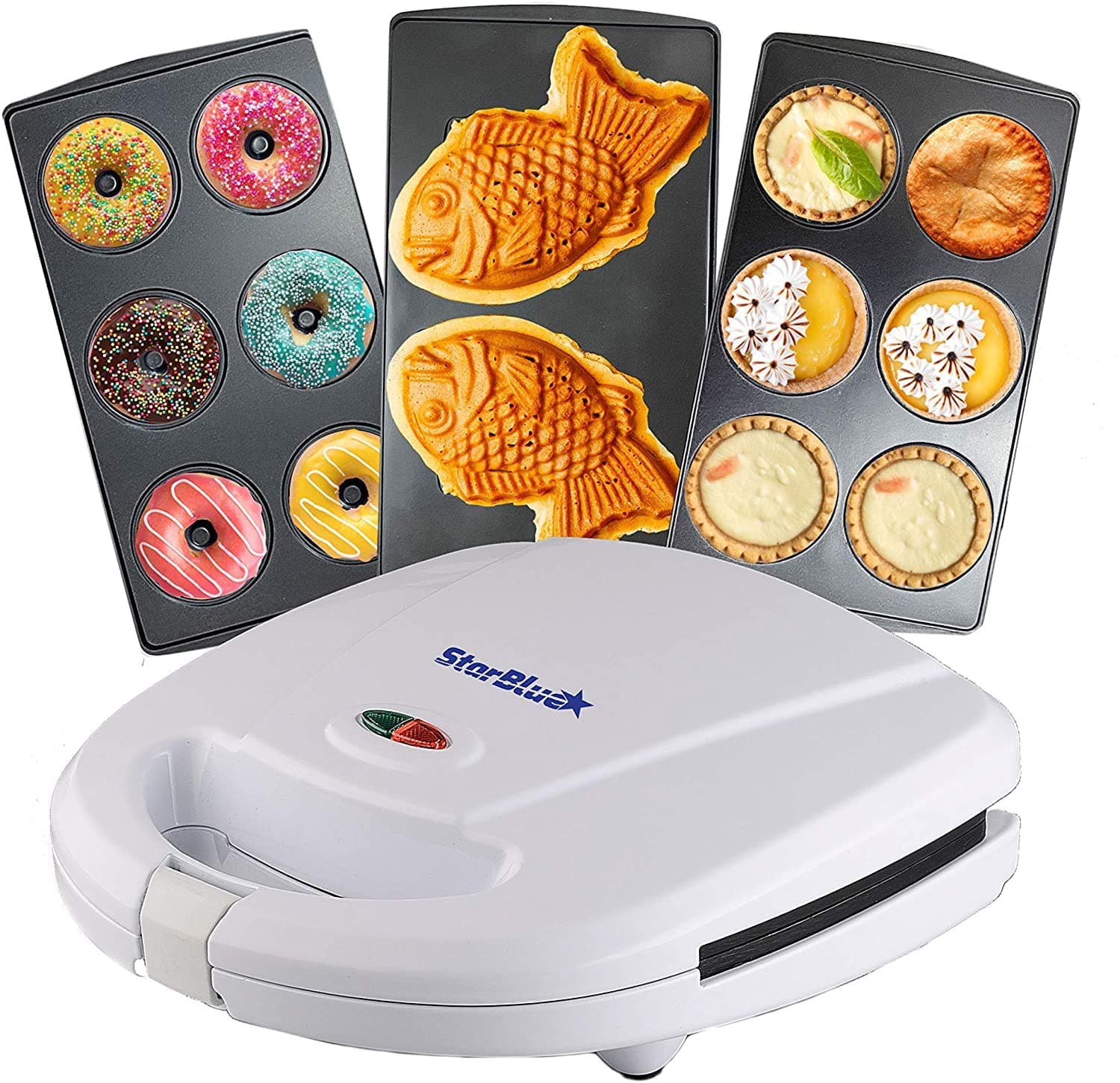 StarBlue Mini-Donuts Maker, Mini-Pie and Quiche Maker, Taiyaki Maker – 3 in 1 Three Slices Detachable Dessert Maker – White AC 220-240V 50/60Hz 700-800W