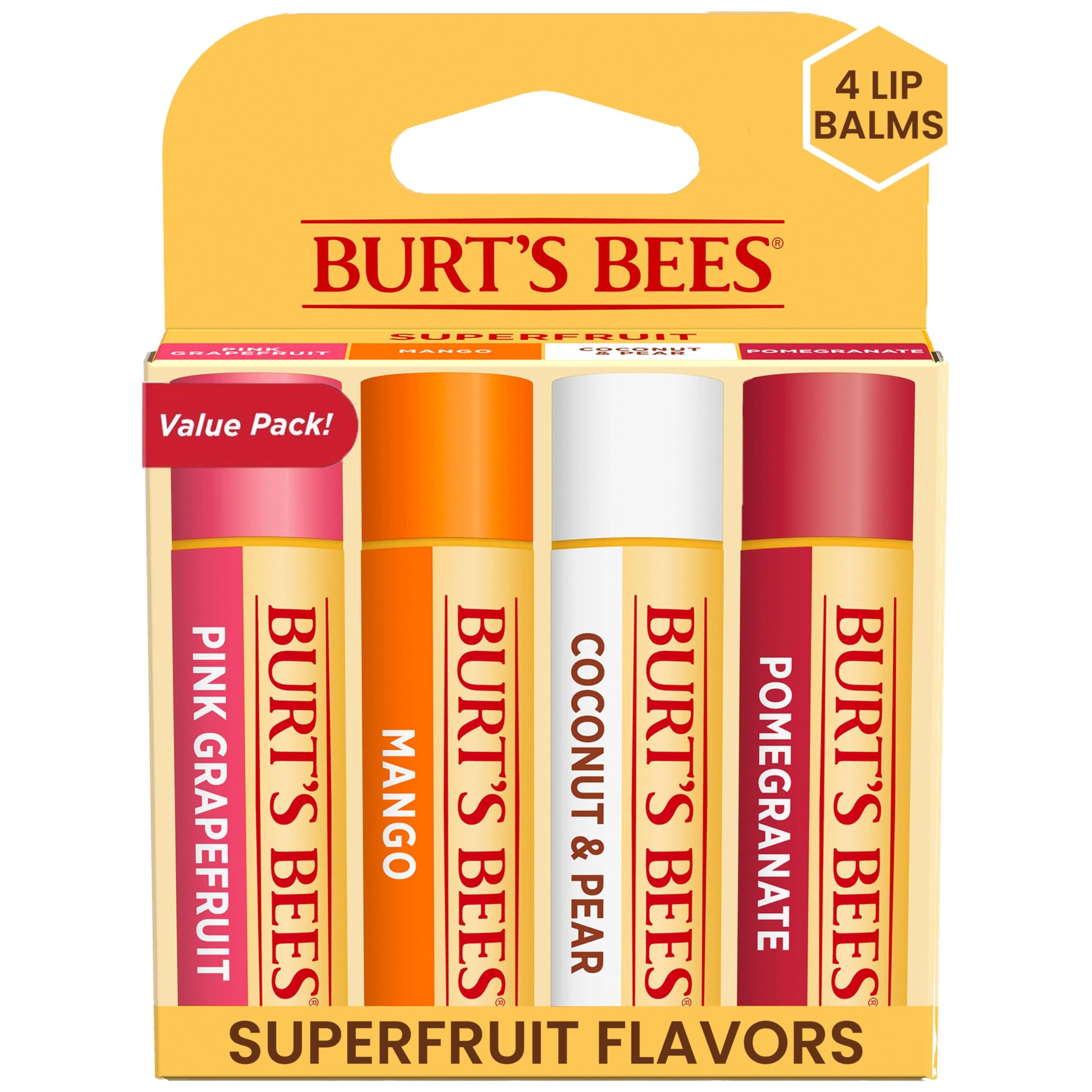 Burt's Bees Easter Basket Stuffers, Lip Balm, Pink Grapefruit, Mango, Coconut & Pear, and Pomegranate Pack, Lip Moisturizer With Beeswax, Natural Origin Conditioning Treatment, 4 Tubes, 0.15 oz.
