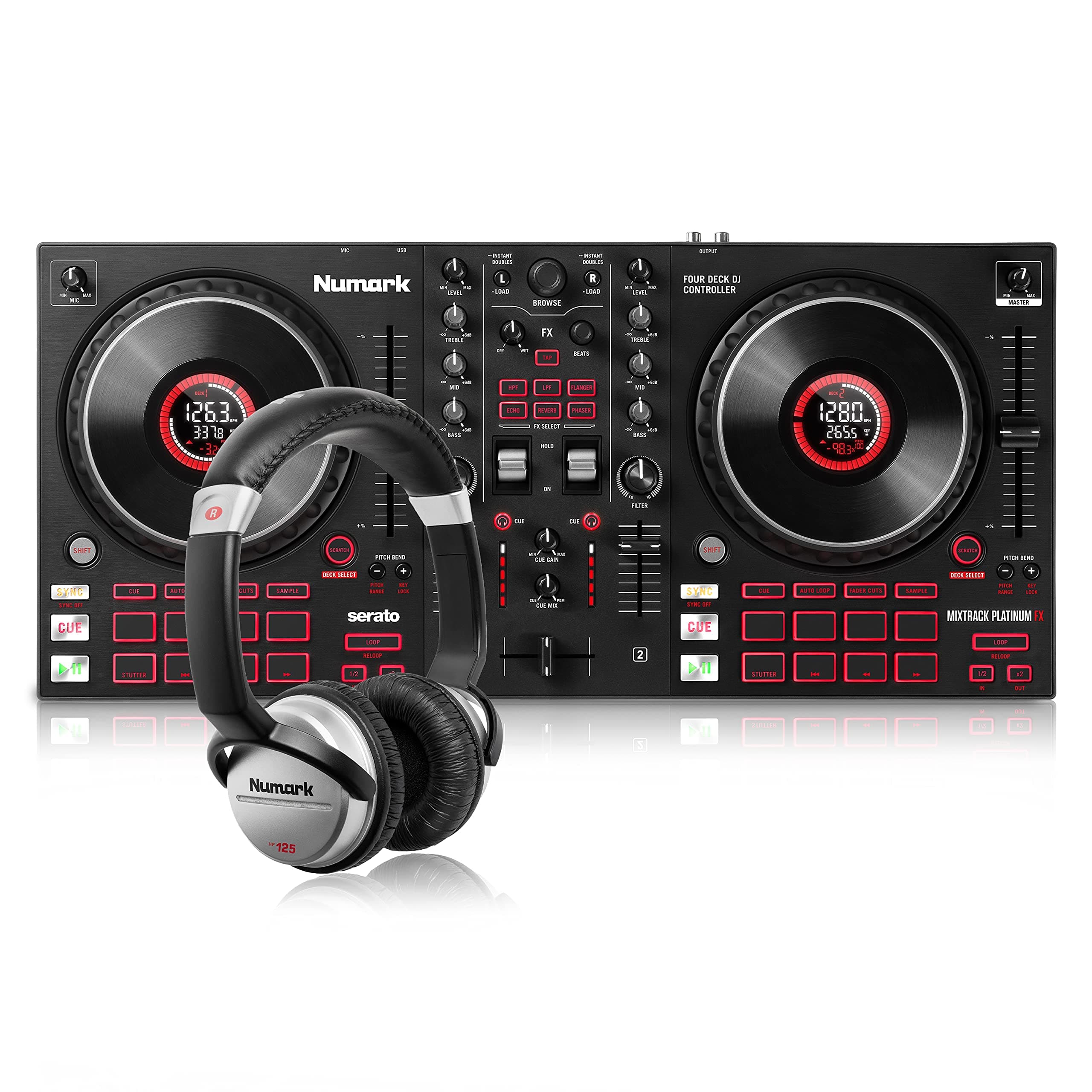 Numark Mixtrack Platinum FX + Numark HF125 – 4-Deck DJ Controller for Serato DJ + Ultra-Portable Professional DJ Headphones