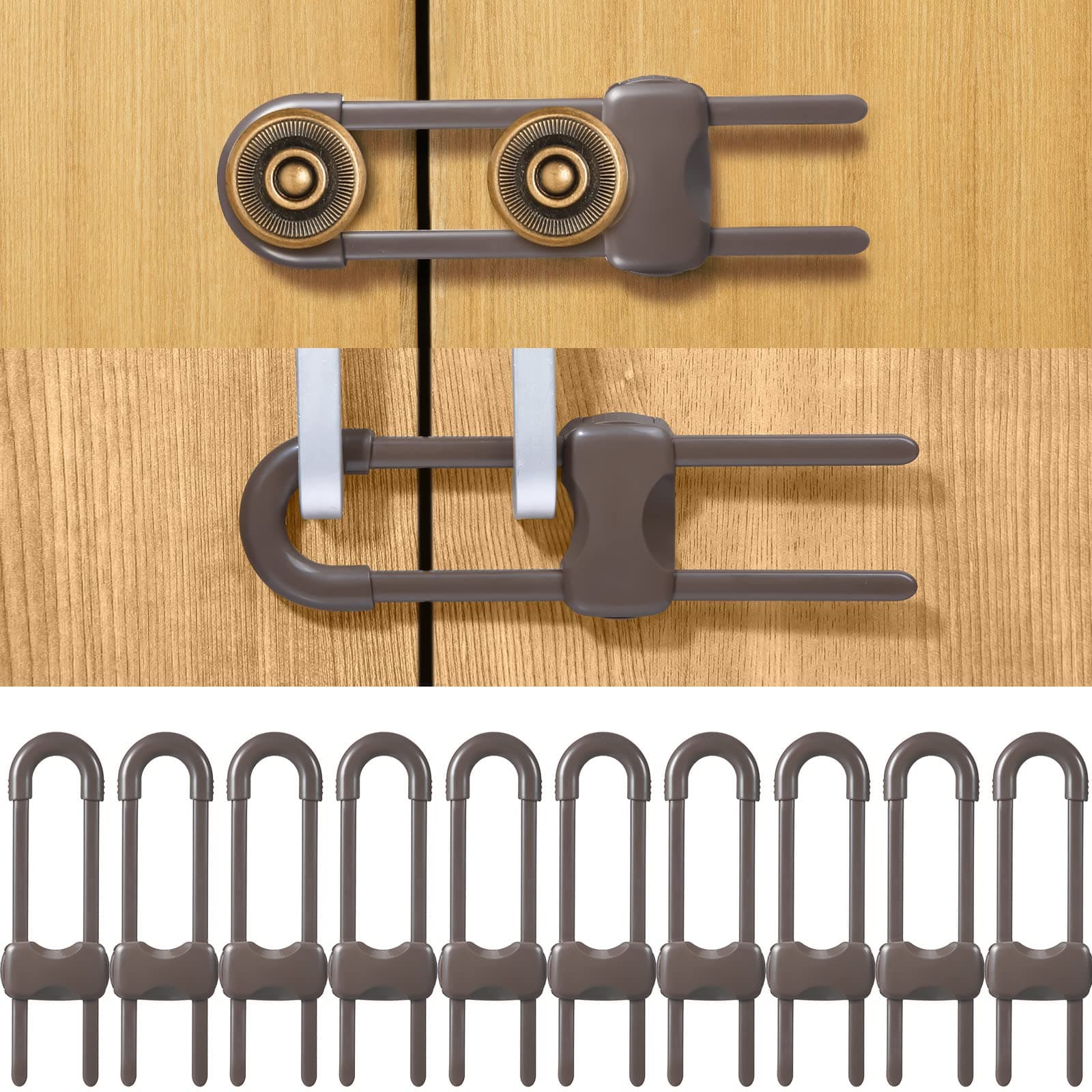 10 Pieces Cabinet Locks for Babies, U-Shaped Proofing Drawers Safety Child Locks Adjustable, Easy to Use Childproof Latch for Knob Handle on Kitchen Door Storage Cupboard Closet (Brown)