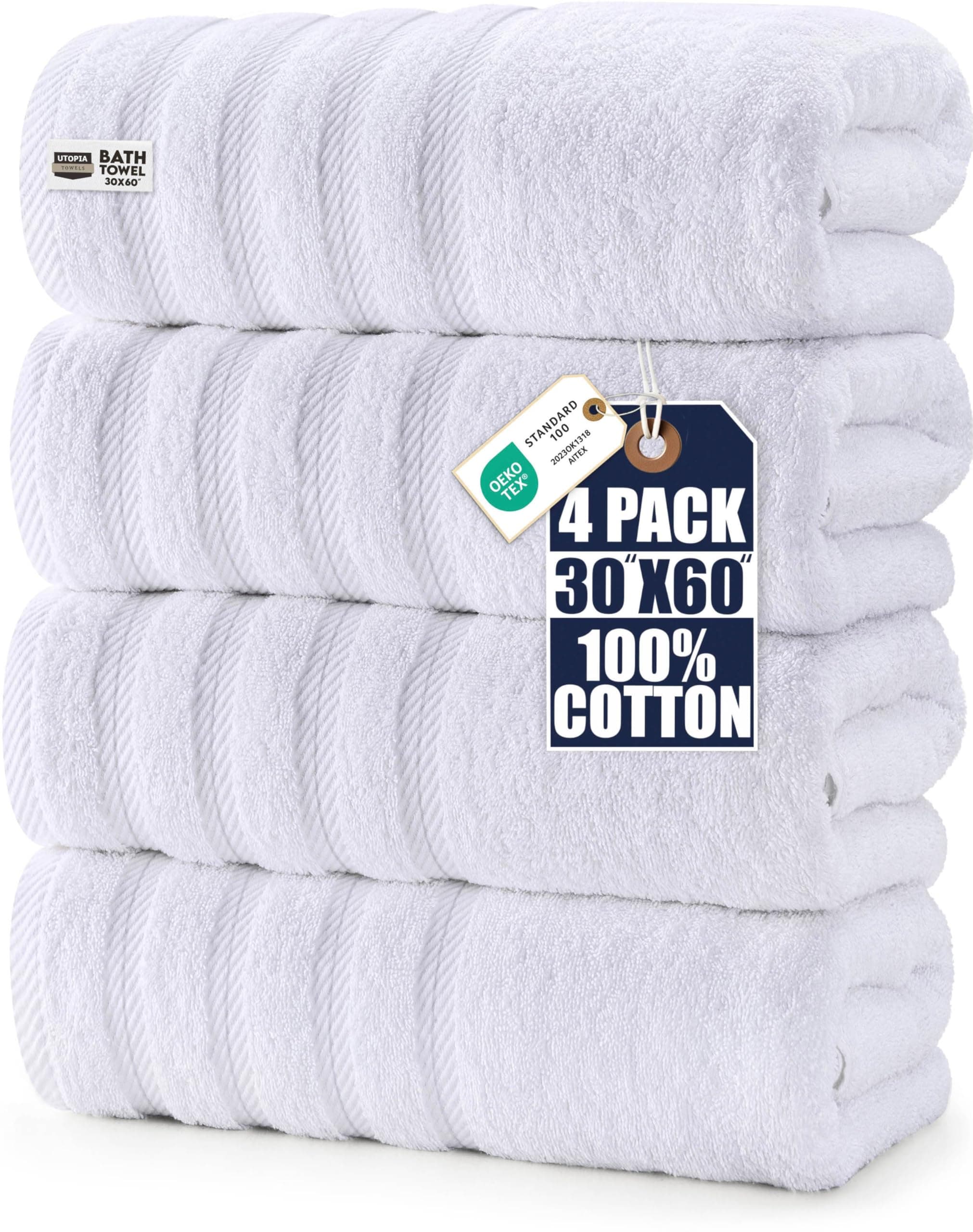 4 Pack Premium Bath Towels Set, (76 x 152 CM) 100% Ring Spun Cotton, Lightweight and Highly Absorbent Quick Drying Towels, Perfect for Daily Use (White)
