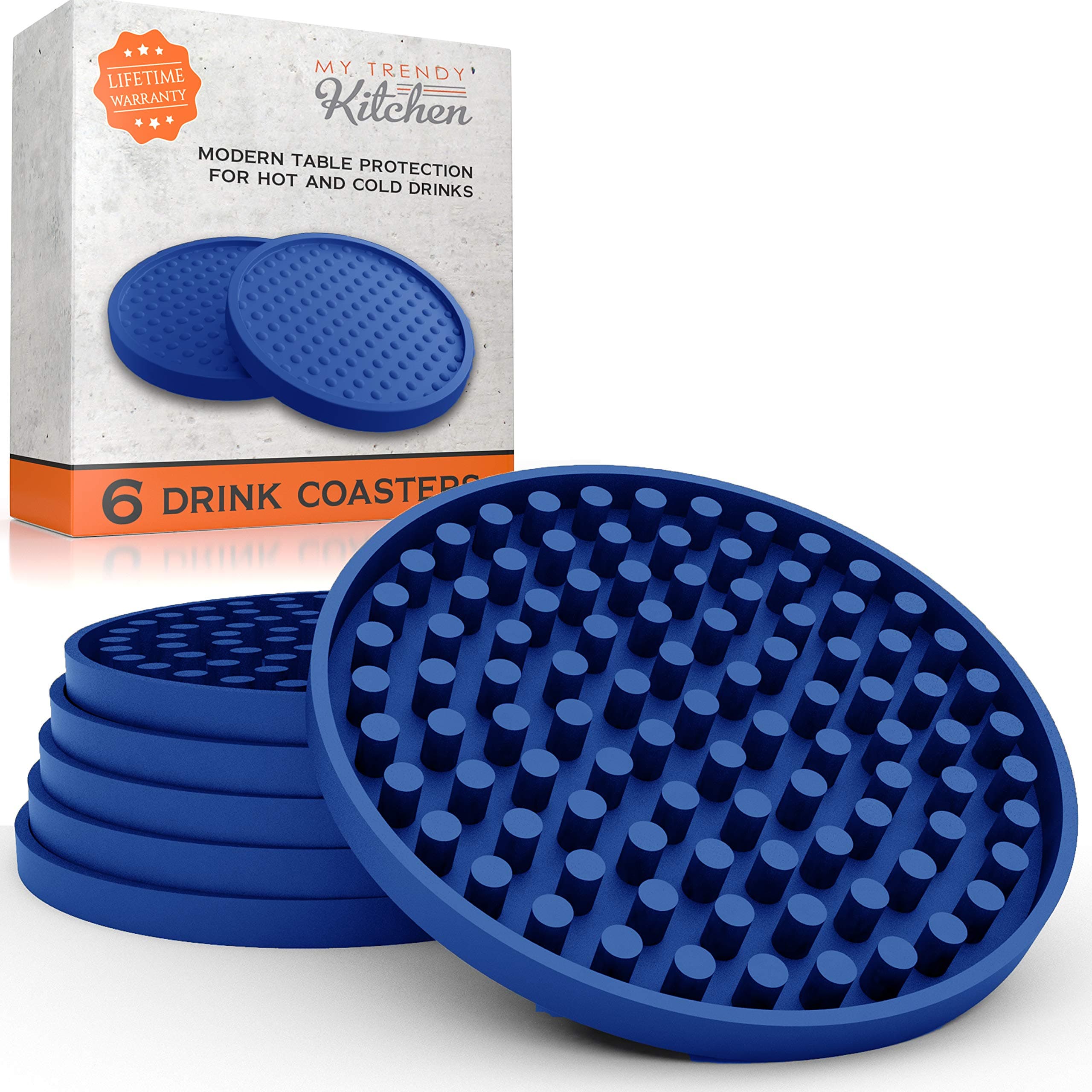 Large Drink Coasters - Absorbs Moisture and Prevents Table Damage, Modern Blue Rubber Coaster with Non-Slip Bottom for Drinking Glasses, 6 Pack