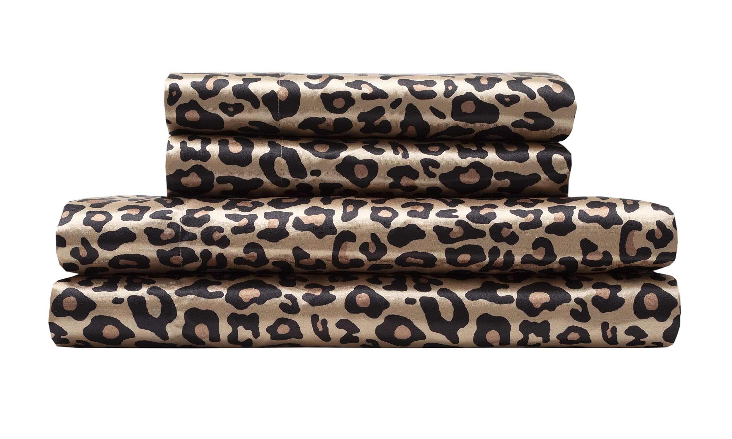 TORREY LANE 100% Luxury Satin Polyester Sheet Set, Leopard Print, King
