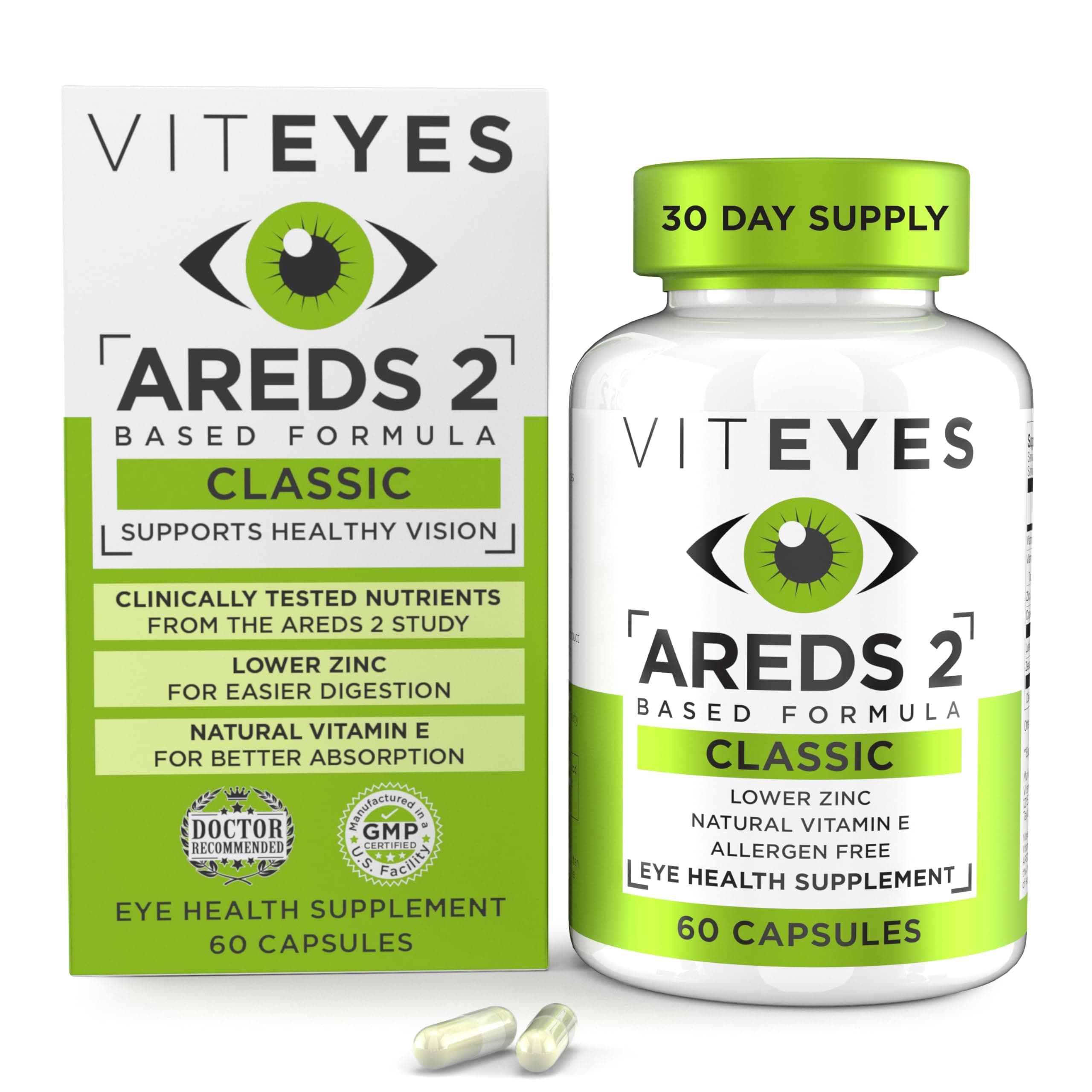 AREDS 2 Eye Vitamins, Now with Natural Vitamin E, Smaller Capsules, Lower Zinc, Allergen Free, Lutein, Zeaxanthin, Manufactured in The USA, Eye Doctor Trusted, Classic Macular Support, 60 Ct