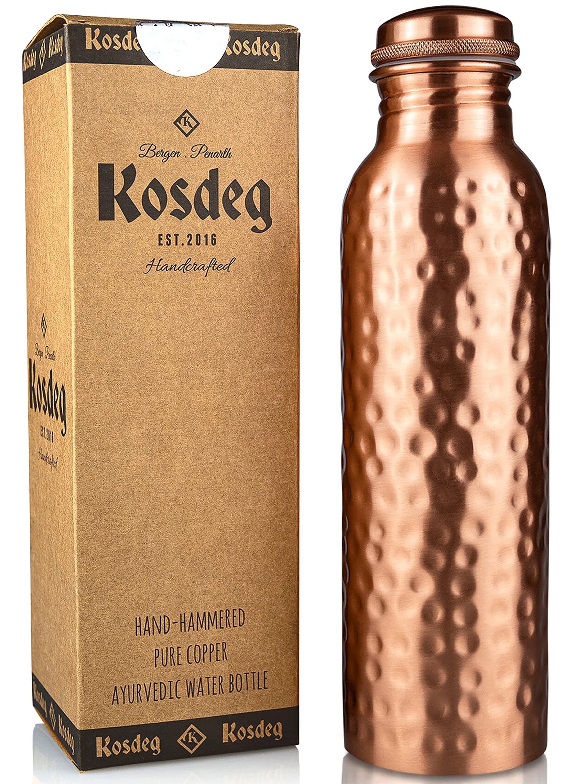 Hammered Copper Water Bottle 1 Liter / 34 Oz Extra Large - an Ayurvedic Pure Copper Vessel - Drink More Water, Lower Your Sugar Intake and Enjoy The Health Benefits Immediately